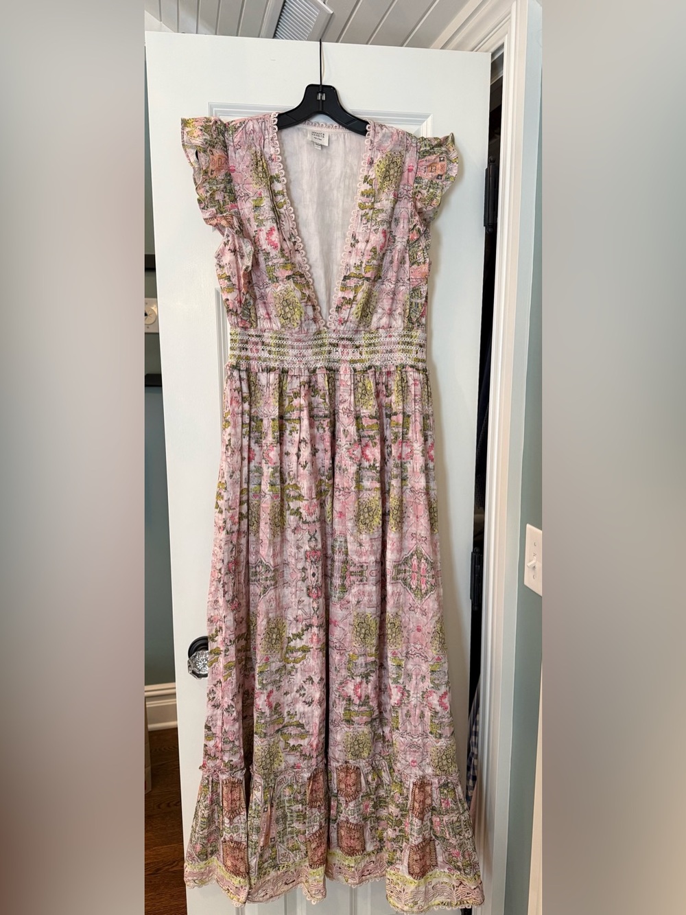 HEMANT & NANDITA Pink Floral Maxi Dress with Green Accents